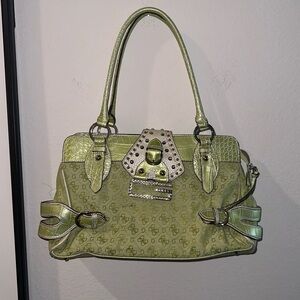 MOVING SALE Guess Vintage Y2K Handbag Purse Green Monogram Studded Mini Baguette